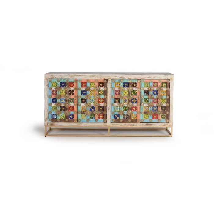 Giner y Colomer Aparador Multicolor con Detalles en Bronce, Madera de Mango, Blanco Envejecido 0 Giner y Colomer Aparador Multicolor con Detalles en Bronce, Madera de Mango, Blanco Envejecido 0
