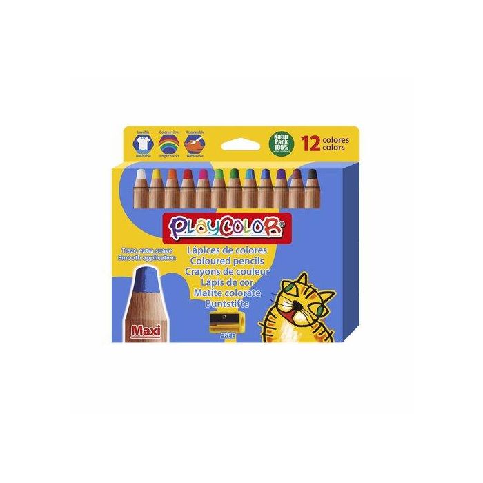 Playcolor Lápices de Colores Maxi Basic Caja de 12 Unidades Colores Surtidos Sacapuntas Lavables Trazo Extra Suave