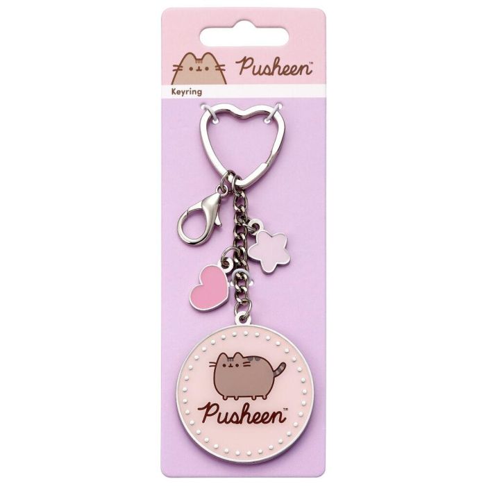 THE CARAT SHOP Llavero Pusheen de esmalte rosa y tono plateado con dos mini charms y anilla de corazón