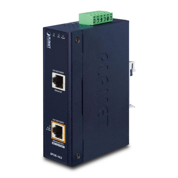 Planet IPOE-162 Inyector PoE Industrial Gigabit Ethernet IEEE 802.3at 30W Midspan IP30 Montaje DIN/Pared 12-48V DC
