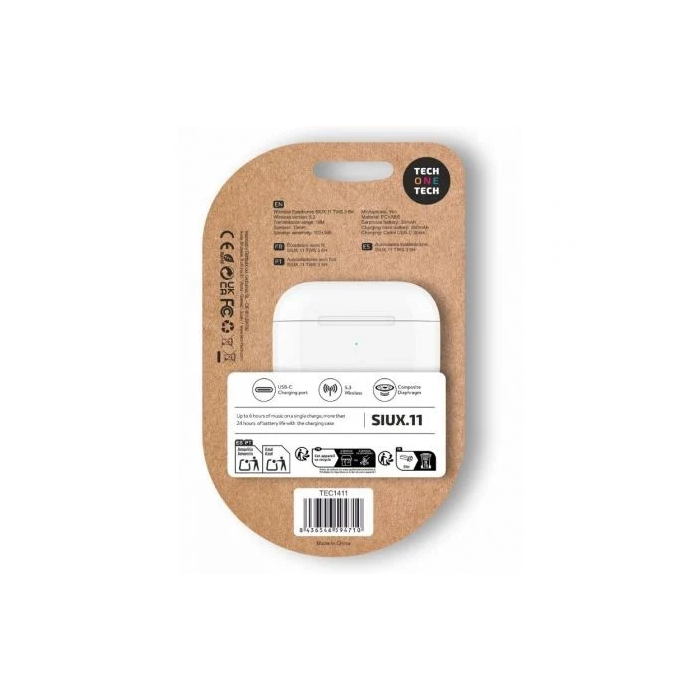 Tech One Tech Auriculares Bluetooth SIUX.11 TEC1411, Inalámbricos TWS 5.3, Sonido Hi-Fi, Autonomía 6h, Estuche de Carga (Hasta 24h), Color Blanco