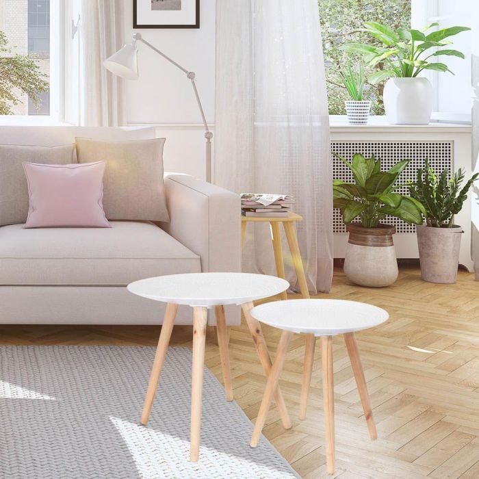 Home Deco Factory Juego de 2 Mesas Nido Mirage con Relieve Blancas MDF Pino 49.5 cm 3