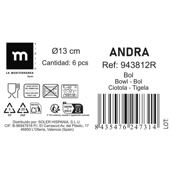 La Mediterranea Bol Andra, 13 cm diámetro, 5 cm alto, 375 ml capacidad (24 Unidades) 1