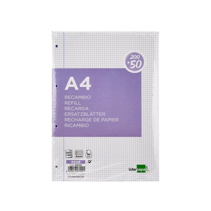 Recambio Liderpapel A4 200+50 Hojas 90 gr-M2 Cuadro 4 mm Con Margen 4 Taladros 1