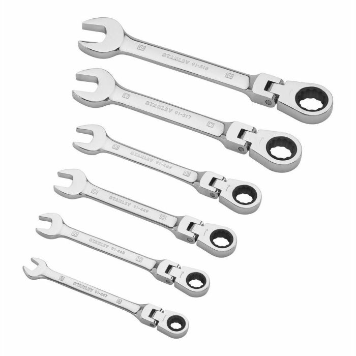 Stanley Juego de 6 llaves combinadas de trinquete con cabeza indexable 5° Acero Cromo Vanadio anticorrosión mate 10/12/13/16/17/19mm 0 Stanley Juego de 6 llaves combinadas de trinquete con cabeza indexable 5° Acero Cromo Vanadio anticorrosión mate 10/12/13/16/17/19mm 0