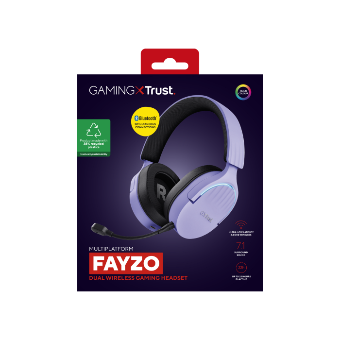 Trust GXT491P Fayzo Auriculares Gaming Inalámbricos Dual (USB 2.4 GHz/Bluetooth) 7.1 Virtual Púrpura, 22h Batería 13