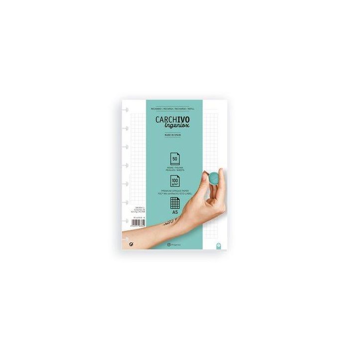 Carchivo Recambio Cuaderno Ingeniox A5 50 Hojas Extraíbles 100 gr Cuadrícula 5x5