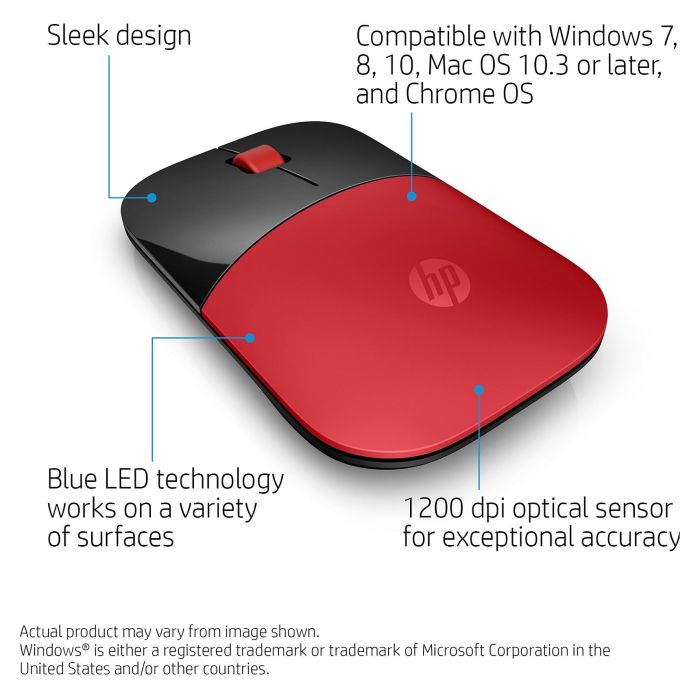 HP Raton Z3700 Ambidiestro RF inalambrica optico 1200 DPI/ V0L82AA/ Rojo y Negro