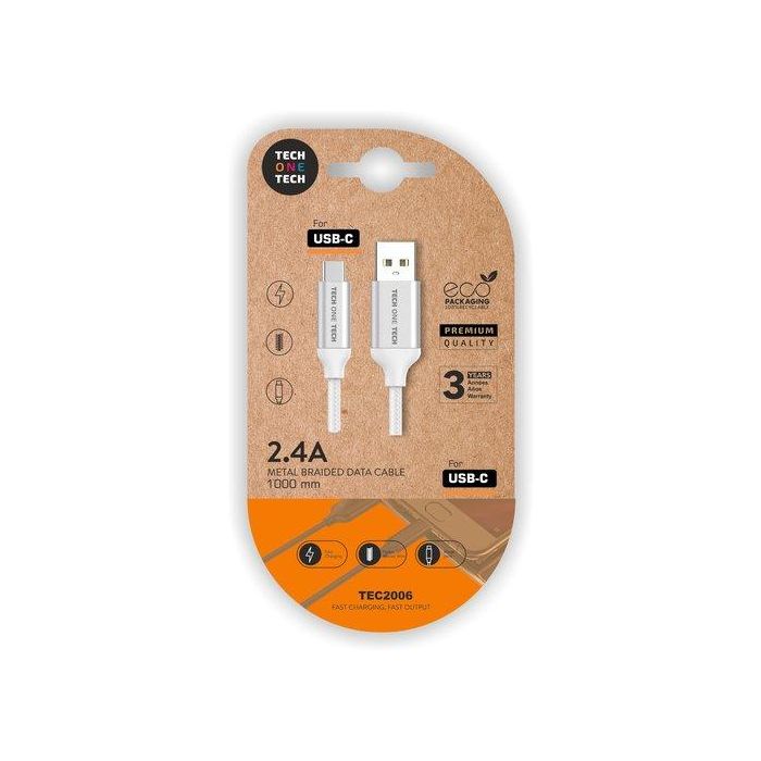 Tech One Tech Cable USB-A a USB-C Nylon 1m Blanco - Carga Rápida 2.4A, Resistente