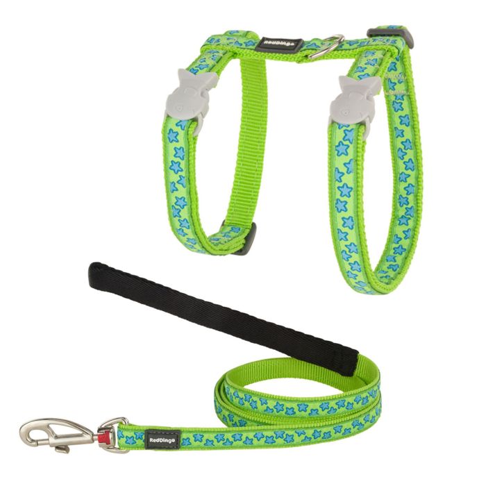 Red Dingo Arnés y Correa Ajustable de Nylon para Gato Estrella Turquesa - 12mm, Cuello 21-35cm, Cuerpo 27-48cm, Correa 1.2m