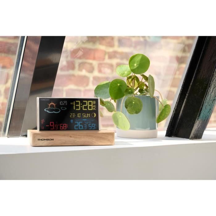 Reloj despertador estación meteorológica - THOMSON - Madera oscura - Visualizador de temperatura, Higrometría, Alarma dual, USB-C, Sonda inalámbrica 5