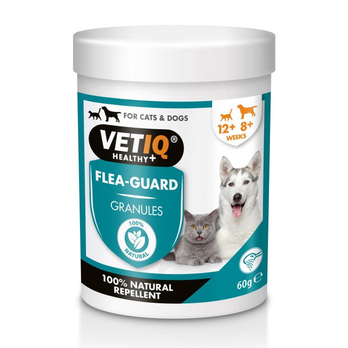 VetIQ Flea Guard Powder Antipulgas y Antigarrapatas Natural 60g para Perros y Gatos con Vitaminas B, Levadura, Zinc y Ajo