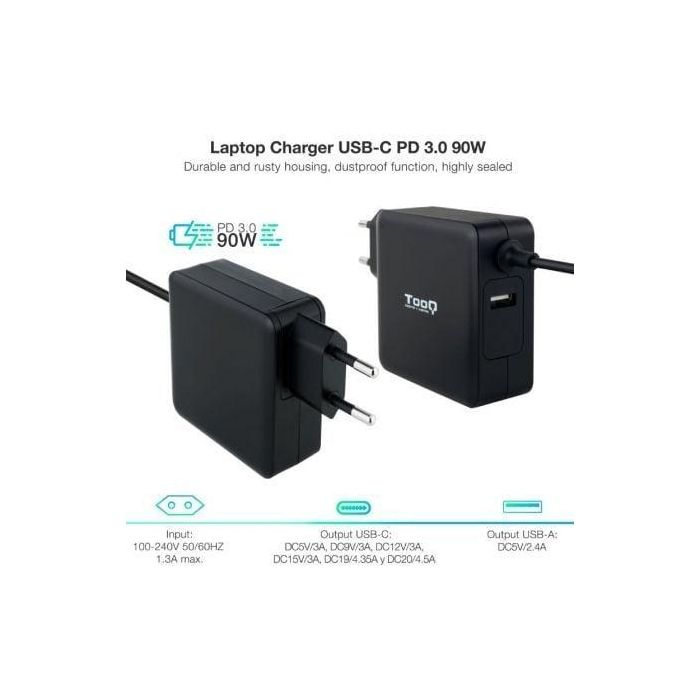 Cargador de Portátil TooQ TQLC-USBC90PD USB Tipo-C/ 90W/ Automático/ Voltaje 5-20V 1 Cargador de Portátil TooQ TQLC-USBC90PD USB Tipo-C/ 90W/ Automático/ Voltaje 5-20V 1