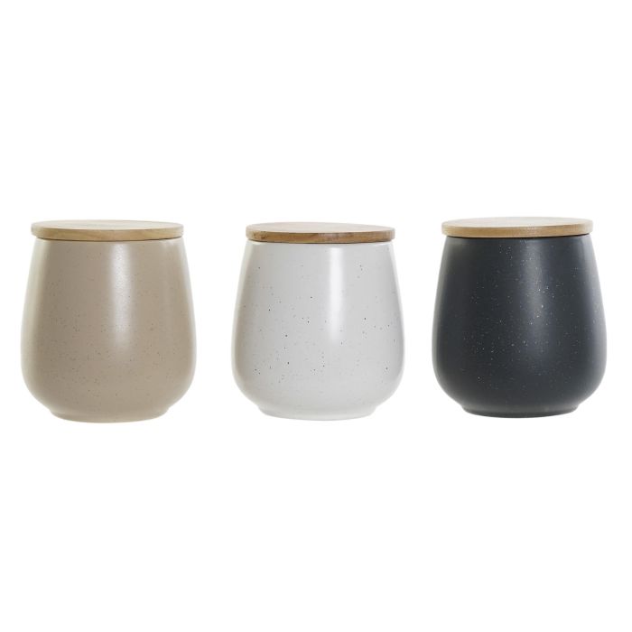 DKD Home Decor Bote Scandi Set 3 Unidades, Gres y Rubberwood, Apto Lavavajillas, Colores Beige, Gris Oscuro y Blanco 10x13x10 cm DKD Home Decor Bote Scandi Set 3 Unidades, Gres y Rubberwood, Apto Lavavajillas, Colores Beige, Gris Oscuro y Blanco 10x13x10 cm