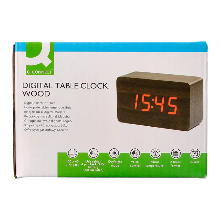 Q-connect Reloj de Sobremesa Digital con Acabado en Madera y Luz Roja 100x40x60mm 6