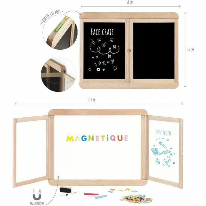 Jeujura Pizarra Tríptico Magnética para Pared JEU3225280880709 - Pizarra Central Magnética, 2 Paneles, Lado Blanco y Tiza