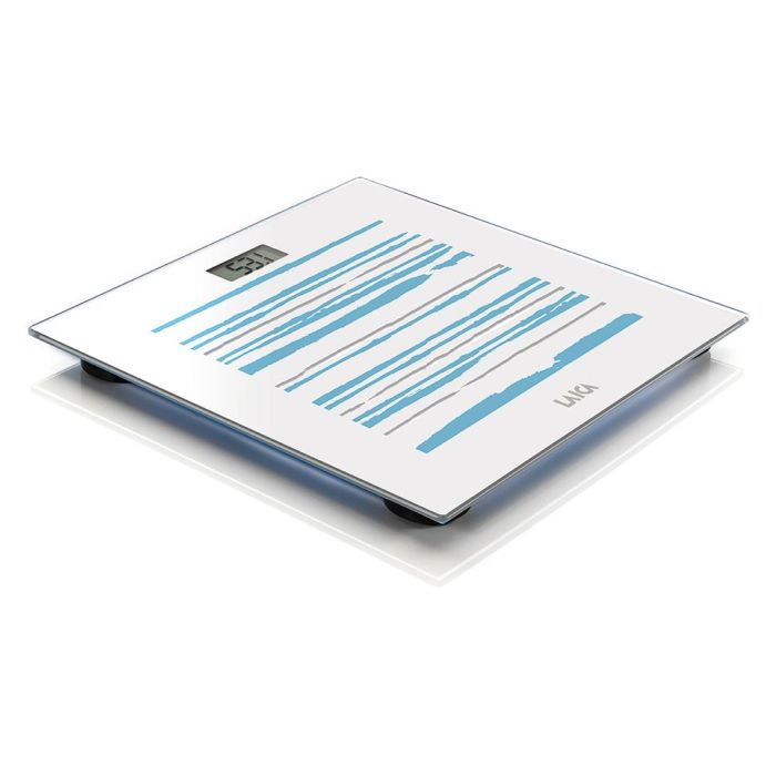 Laica Báscula electrónica de baño blanca con rayas azules y grises, cristal templado 5mm, 150kg, PS1074 0 Laica Báscula electrónica de baño blanca con rayas azules y grises, cristal templado 5mm, 150kg, PS1074 0