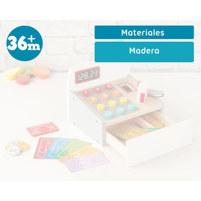 Juguete Caja Registradora de Madera para Niños +3 Años, Juego de Supermercado Educativo, Simulación de Compras y Conteo de Dinero 5