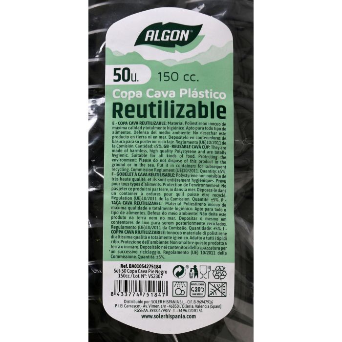 Algon Set de 50 Copas de Cava con Pie Negro 150 cc (6 Unidades) 3