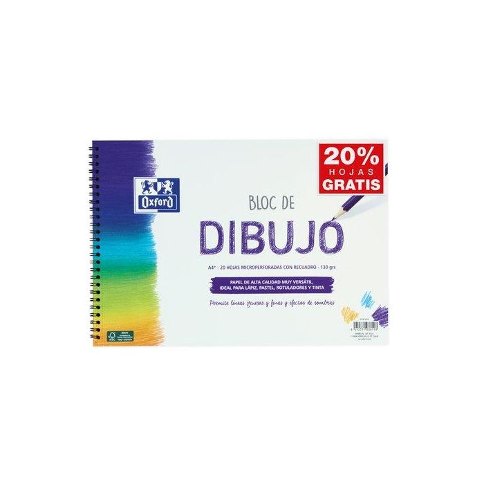 Oxford Bloc Dibujo Escolar T-Blanda Espiral 20H 130 gr A4+ C-Recuadro Liso Blanco