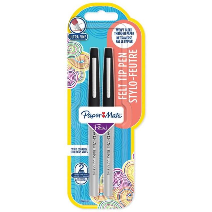 Paper Mate Bolígrafo Flair Ultrafino 0.4 mm Negro, Pack de 2 unidades con Clip