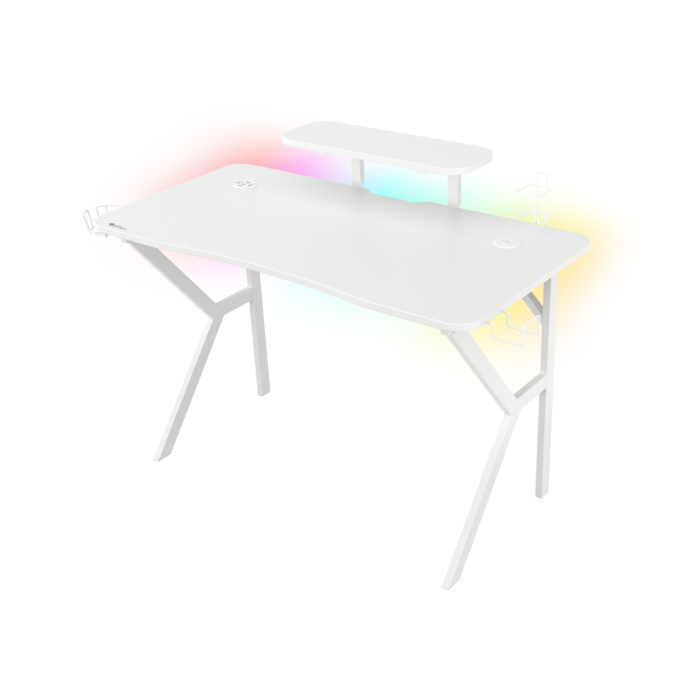 GENESIS Holm 320 RGB Mesa de Gaming Blanca con Iluminación LED, USB Hub y Carga Inalámbrica, 120cm