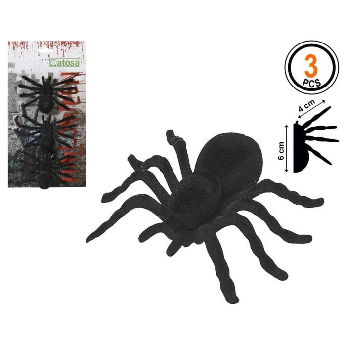 Pack 3 Arañas De Plástico Negro Halloween 6 Cm