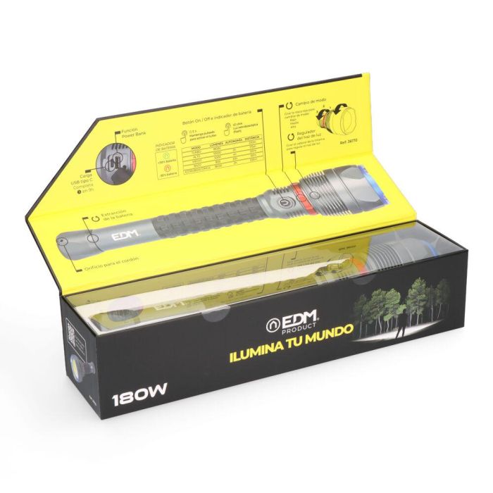 Edm Linterna LED de Largo Alcance 18000 lm 180w Hasta 20h Autonomía IP67 Aluminio Power Bank 5