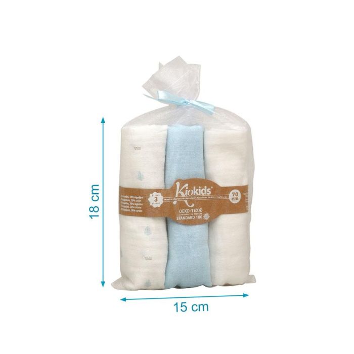 KioKids Set 3 Muselinas Azul, Blanco y Estampado 70x70 cm 4