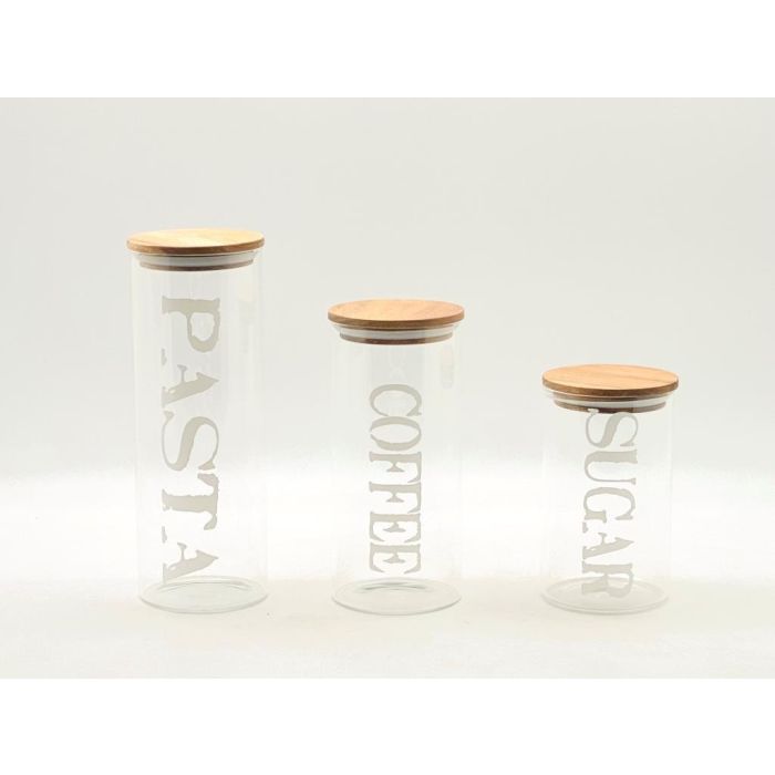 DKD Home Decor Bote Basicos Set de 3 - Borosilicato y Acacia, Capacidad 1.8L, Transparente y Natural, 10.5x27.7x10.5 cm