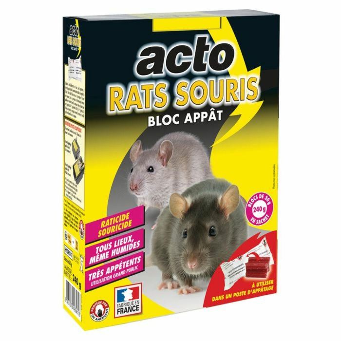 Cebo para ratas y ratones - ACTO - 12 bloques de 20 g - Muy atractivo - Control eficaz de roedores - Peso total 240 g Cebo para ratas y ratones - ACTO - 12 bloques de 20 g - Muy atractivo - Control eficaz de roedores - Peso total 240 g