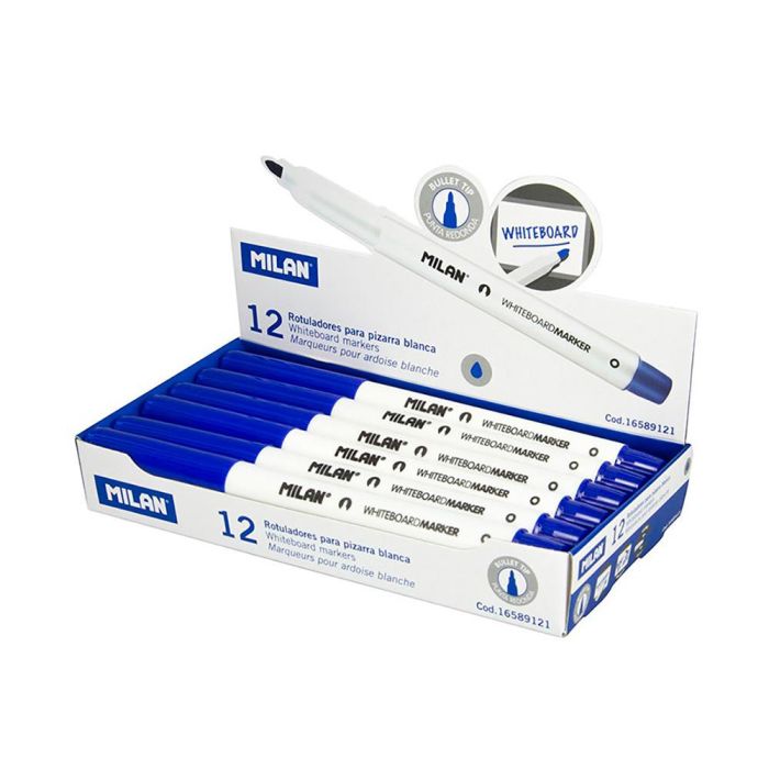 Caja de 12 rotuladores azules ø3,7mm para pizarra blanca milan Caja de 12 rotuladores azules ø3,7mm para pizarra blanca milan