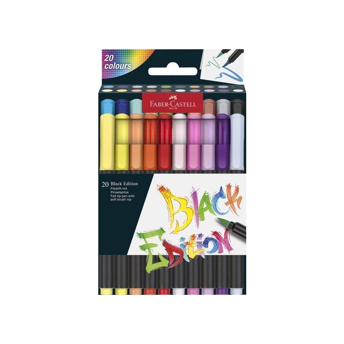 Faber-Castell Rotuladores de pincel Black Edition, tinta alimentaria, colores surtidos, caja de 20 unidades