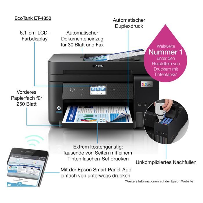 Epson EcoTank ET-4850 Impresora Multifunción 4 en 1 A4 Tinta LAN WiFi ADF Duplex Inyección de Tinta Color 13