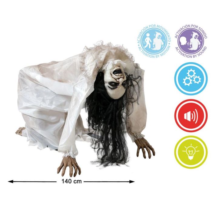 Figura Niña Poseída A Cuatro Patas 140 cm, Vestido Blanco, con Sonido, Luz y Sensor de Movimiento para Halloween