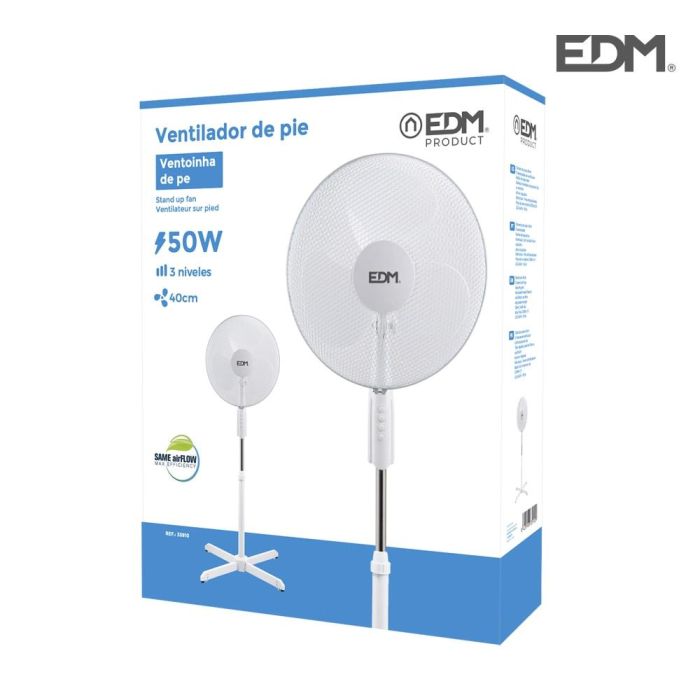 Ventilador de pie. color blanco. potencia: 45w aspas: ø40cm altura regulable 110-130cm edm 2