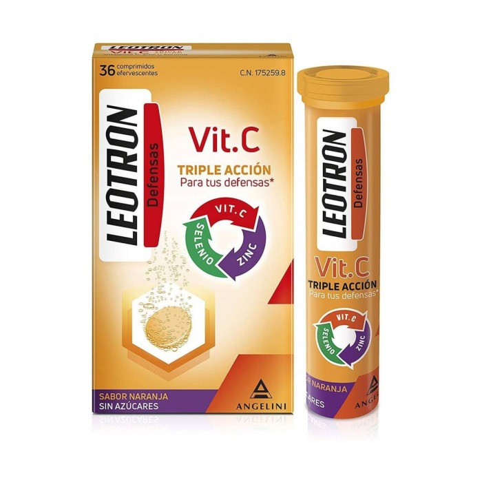 Leotron Vitamina C - 36 Comprimidos Efervescentes - Triple Acción Para Tus Defensas - Complemento Alimenticio Con Vitamina C, Zinc Y Selenio - Agradable Sabor A Naranja. Envase Para 36 Días, A Partir De 12 Años.