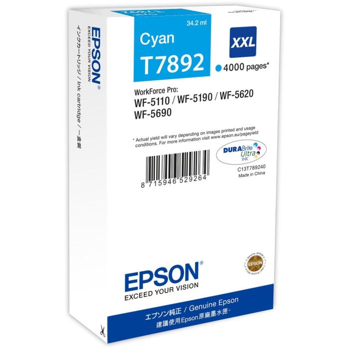 Epson T7892XXL - Cartucho de tinta original Cian de alta capacidad para WorkForce Pro WF-5110, WF-5190, WF-5620, WF-5690