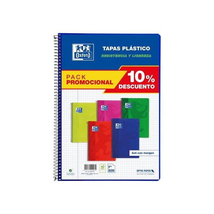 Oxford Cuaderno Espiral 80H Folio 4x4 mm Con Margen Tapa Plástico Pack 5 Unidades Surtidos Vivos