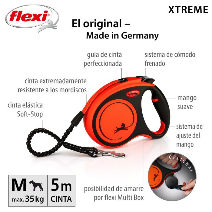 Flexi Correa Retráctil Xtreme M para Perros Activos y Situaciones Desafiantes, Cinta 5m Negro-Naranja con Tope Elástico y Freno Rápido 1