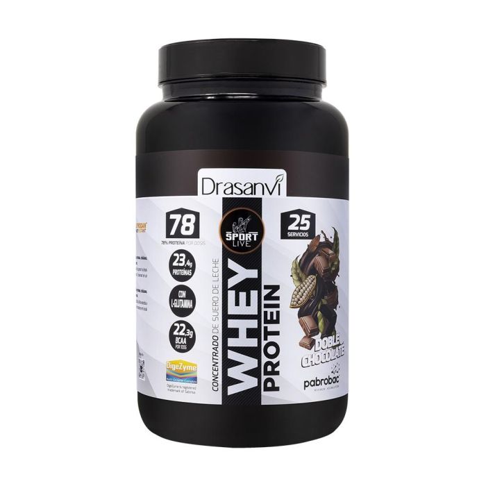 DRASANVI SPORT LIVE Whey Protein Concentrada Doble Chocolate 750g – Alta Pureza, Baja en Grasas, con Glutamina y Enzimas