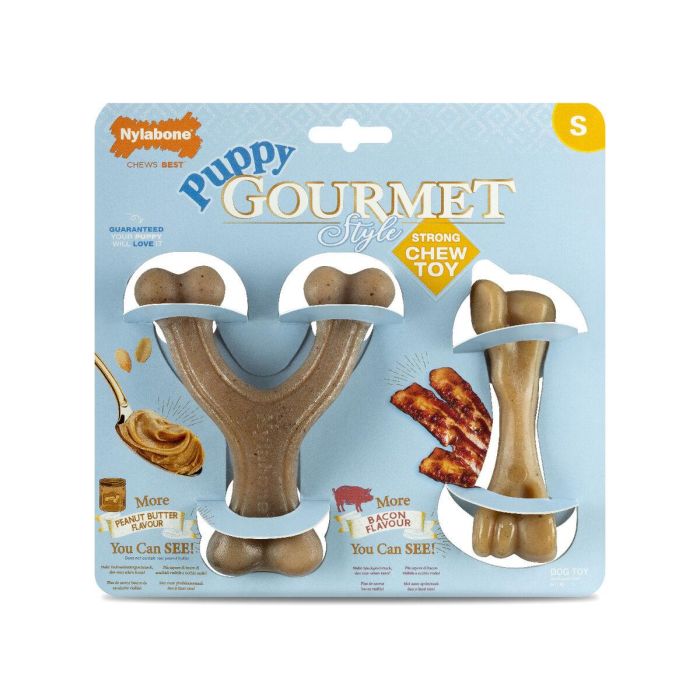 Nylabone Mordedor de Nylon Resistente para Cachorros, Pack Doble Gourmet Sabor Bacon y Mantequilla de Cacahuete, Talla S (Hasta 11 kg) 2 Nylabone Mordedor de Nylon Resistente para Cachorros, Pack Doble Gourmet Sabor Bacon y Mantequilla de Cacahuete, Talla S (Hasta 11 kg) 2