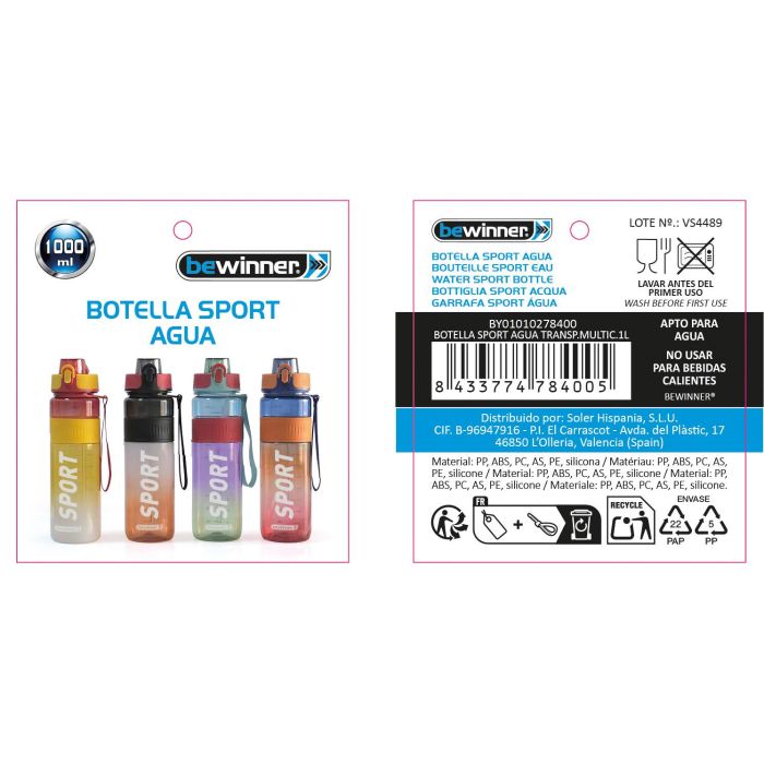 Bewinner Botella Sport de Agua Transparente Multicolor 1L - Hidratación Versátil y Ligera (12 Unidades) 3