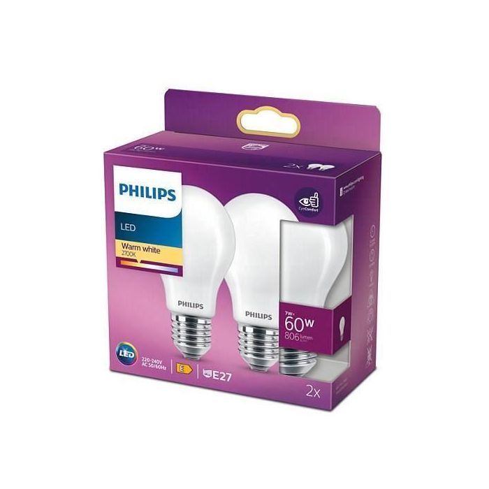 Philips Bombilla LED Equivalente 60 W E27 Blanco cálido no regulable, vidrio, juego de 2