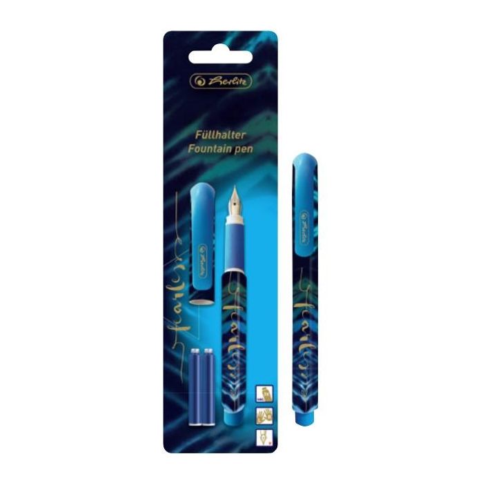 Herlitz Füllhalter New Batik Fearless, pluma estilográfica, sistema de cartucho, azul/oro, ambidiestro, con 2 cartuchos