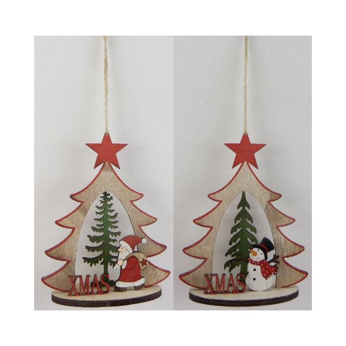 DKD Home Decor Decoración Colgante de Navidad Tradicional con Forma de Árbol de Madera en Colores Natural y Rojo (Set de 2 Unidades) - Medidas 6x14x18 cm