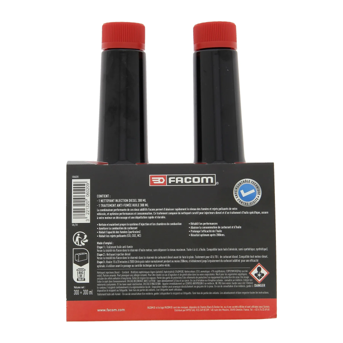 Facom Kit de Inspección Técnica Diésel: Limpiador Inyección y Tratamiento Antihumo para Motor, Reduce Emisiones - 2x300ml + Cánula 3