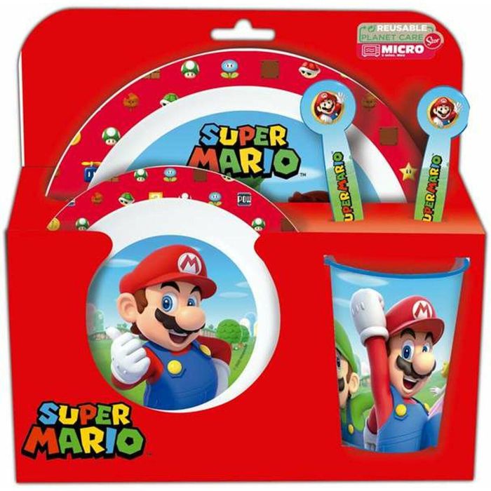 Set de plato, cuenco, vaso, cuchara y tenedor super mario (apto para microondas)