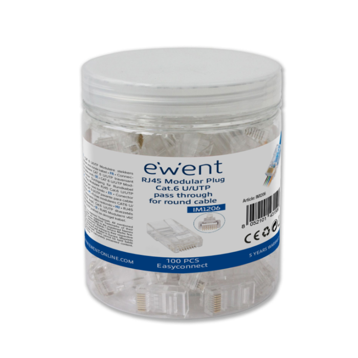 EWENT IM1206 Conector RJ-45 Macho Modular UTP CAT6 para Cable Redondo Sólido AWG 23-26, Contactos Oro, Transparente, 100 Piezas