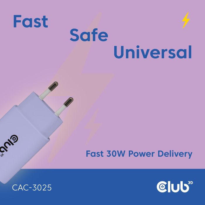 Club3D Lifestyle Ladegerät USB-C 30Watt. 2Stk lila retail 2 Club3D Lifestyle Ladegerät USB-C 30Watt. 2Stk lila retail 2